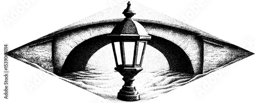 Intricate bridge and lantern design in dotwork tattoo style for artistic inspiration