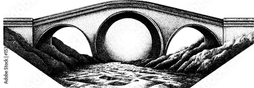 Dotwork tattoo design of bridge and river current in monochrome