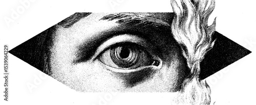 Surreal burning eye and ancient mirror collage for creative design
