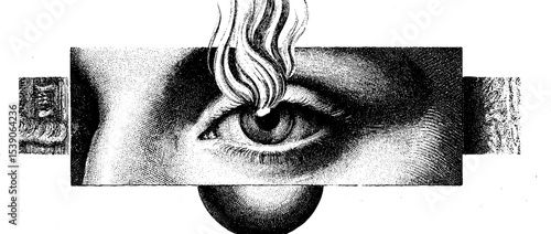 Surreal collage with burning eye and ancient mirror in monochrome