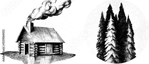 Rustic cabin with chimney smoke and pine trees in dotwork tattoo style art
