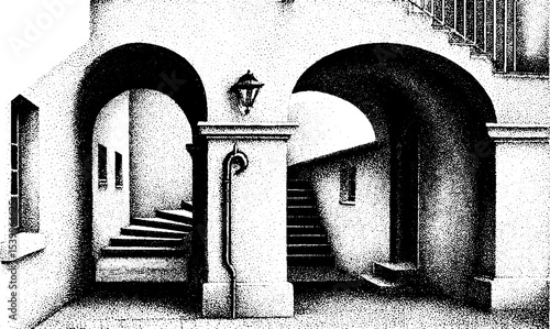 Architectural ink sketch of cast iron handle and textured plaster wall with arched stairways