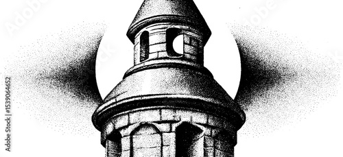 Castle turret with rising moon dotwork tattoo style design