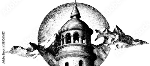 Castle turret with rising moon and mountains in dotwork tattoo style