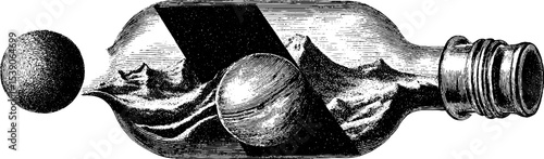 Surreal collage of celestial map with alchemical flask and abstract elements