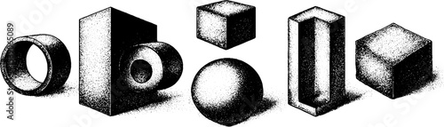 Geometric shapes composition with circle segment and floating cube isometric design