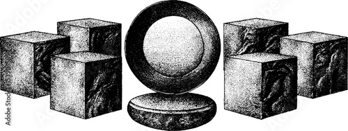 Geometric composition of floating cubes and circle segment in isometric design