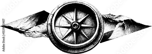 Dotwork compass and map tattoo design in blackwork style for travelers