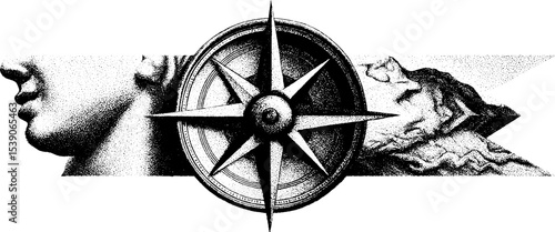 Compass and map dotwork tattoo design with blackwork elements