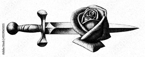Intricate dotwork dagger and rose design in blackwork tattoo style for artistic inspiration