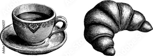 Vintage espresso cup and croissant in engraving style for cafe decor or menu design