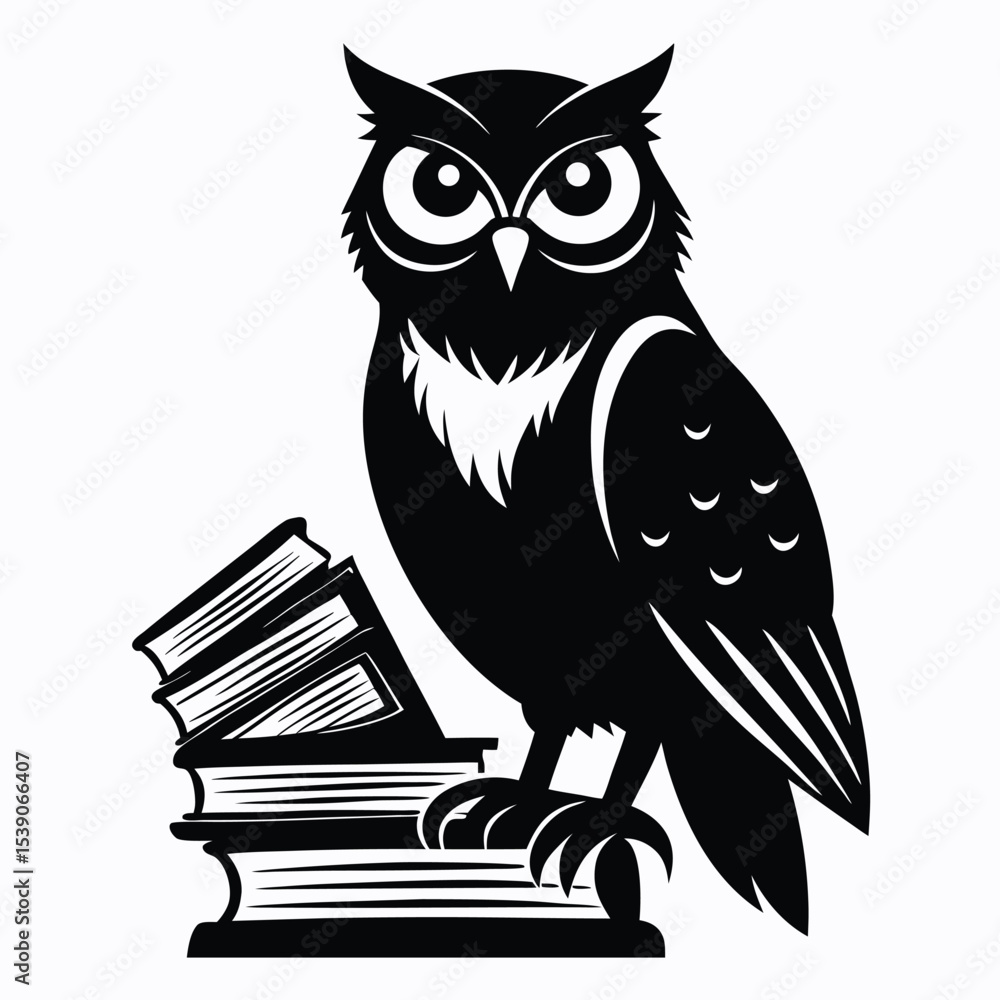 Fototapeta premium Scholarly Owl Perched on Stack of Books Symbolizing Wisdom and Learning with Clean Silhouette Design Ideal for Educational Logos