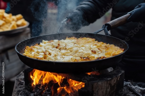 Fototapeta Naklejka Na Ścianę i Meble -  Roasted mountain cheese being prepared in Poland over a traditional open fire, Traditional Polish food mountain cheese roasted on a pan on street food festival in Wroclaw