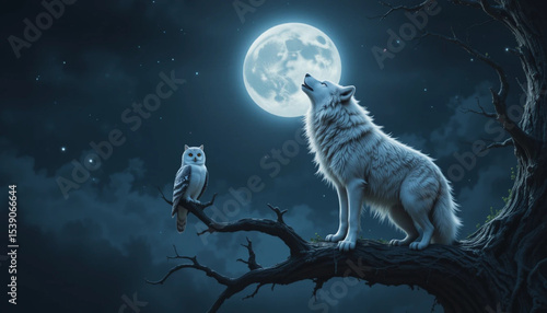 Wolf and Owl Under the Moon .
