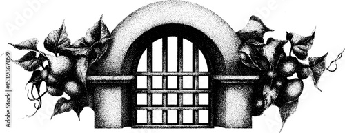 Garden gate with winding ivy in dotwork tattoo style design for artistic use