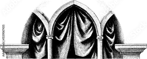 Gothic window with hanging drapery in ink sketch style for historical design