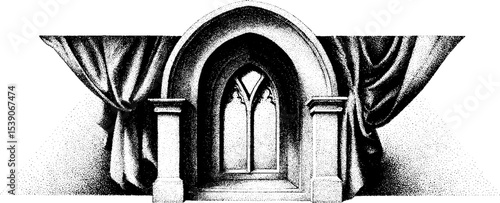 Elegant gothic window and drapery in ink sketch style for architectural design inspiration