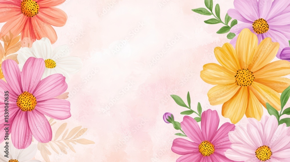 Vibrant Floral Border with Pink, Yellow, and White Flowers on Soft Pink Background Vibrant Floral Border with Pink, Yellow, and White Flowers on Soft Pink Background