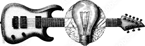 Electric guitar and amplifier in dotwork tattoo style with blackwork art design