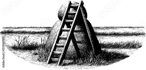 Vintage haystack and wooden ladder in engraving style for rustic design