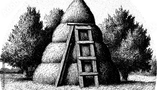 Rustic haystack with wooden ladder in vintage engraving style for classic farmhouse decor