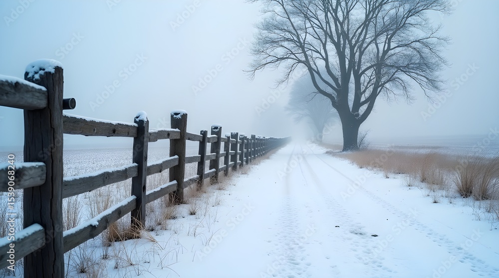 A crisp HD image of a snow-covered wooden fence stretching into the distance along a quiet country road, with leafless trees and overcast winter sky in the background. A crisp HD image of a snow-covered wooden fence stretching into the distance along a quiet country road, with leafless trees and overcast winter sky in the background.