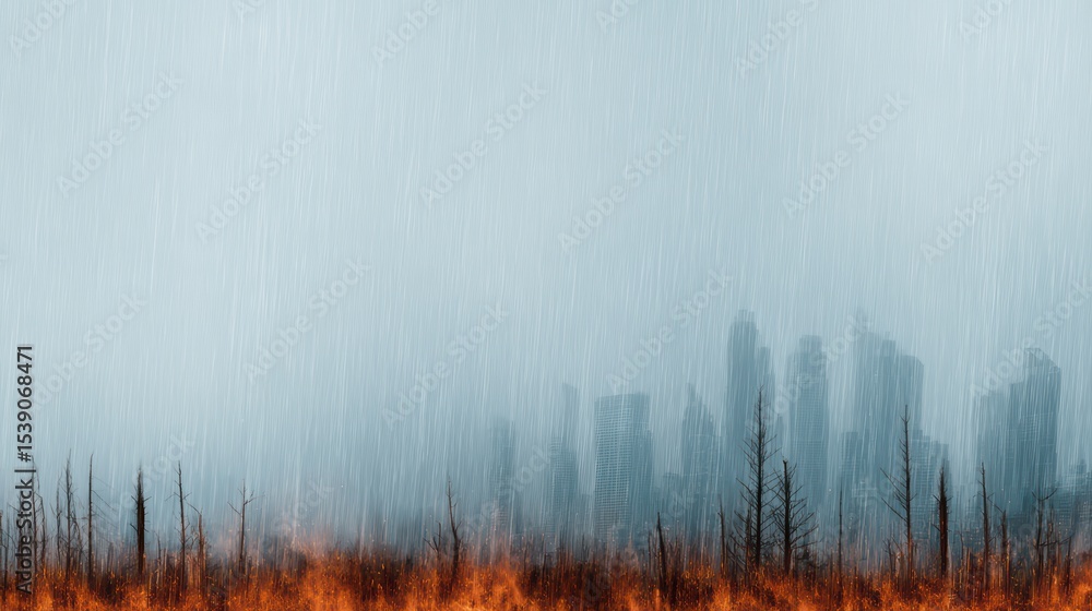 Fototapeta premium Dramatic Landscape of Wildfire Burning Through Forest with Silhouette of Charred Trees Against Rainy Background