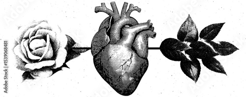 Surreal collage of human heart and blooming rose in black and white design