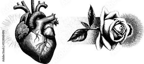Surreal collage of human heart and blooming rose symbolizing love and life balance