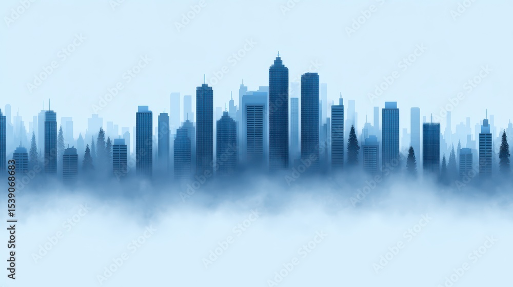 Fototapeta premium Urban City Skyline Silhouette in Fog with Soft Blue Hues for Modern Design Projects and Backgrounds