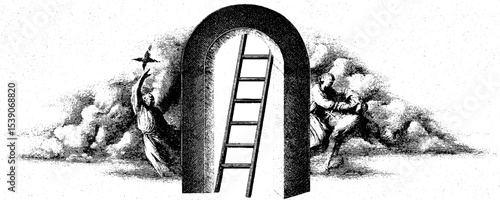 Surreal concept of ladder to stars with open door in dreamlike collage