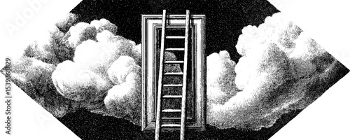 Surreal collage with ladder leading to stars and open door in the sky