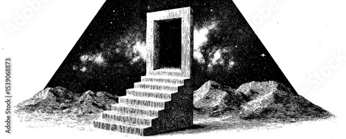 Surreal collage of ladder to stars and open doorway with cosmic landscape