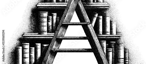 Vintage library shelf with ladder in dotwork tattoo style for artistic inspiration