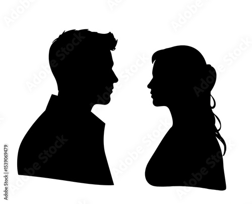 Creative black silhouette of a couple. Silhouette of young people, woman and man in profile. Object isolated.