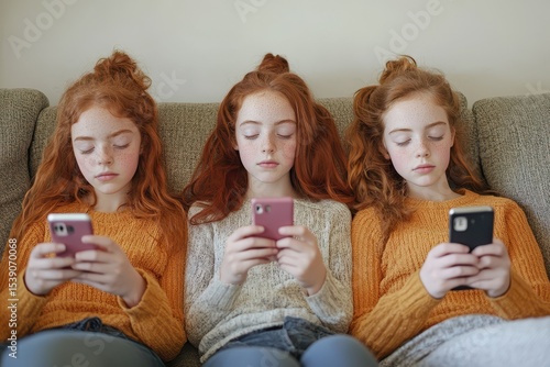 Triplet sisters relax at home while enjoying their smartphones in cozy sweaters, Teenager girls triplet sisters at home watch smart phones in social media lying on a couch