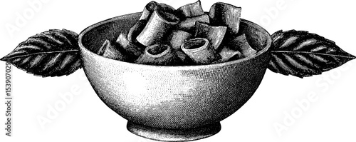 Vintage engraving of pasta bowl with basil leaves - retro culinary art design