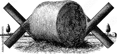 Vintage engraving of hay bale and pitchfork in rustic landscape setting