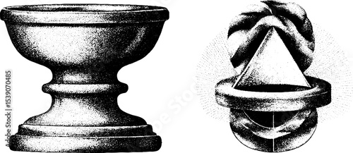 Dotwork tattoo style pottery: potters wheel and clay bowl design