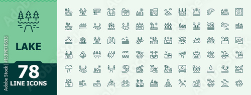 Lake vector icon set. River icon set in linear style. Minimalist icons collection. Contains outline symbols like land, nature, park, city, field and more. Vector artwork and illustration.
