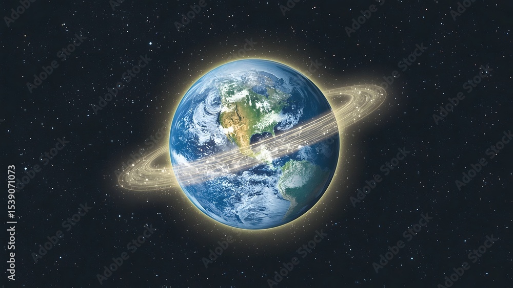 Obraz premium Planet earth with surrounded by glowing rings in dark starry space background