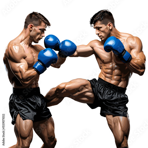 Two muscular male kickboxers engaged in intense combat