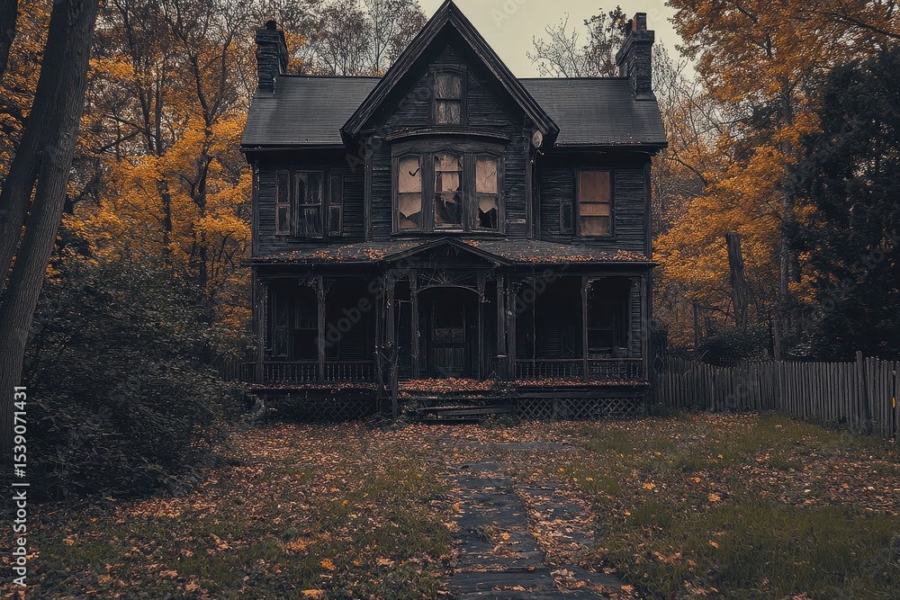 Old haunted house in an eerie setting with autumn leaves creating a Halloween atmosphere, old house with a Halloween feel Old haunted house in an eerie setting with autumn leaves creating a Halloween atmosphere, old house with a Halloween feel