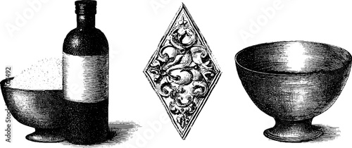 Vintage engraving of sake bottle and rice bowl with ornamental design