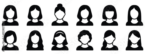 Female head and shoulder avatar silhouettes in different hairstyles, isolated on white background for user interface design