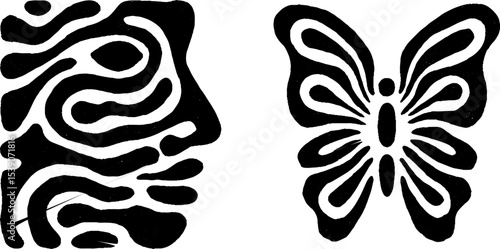 Abstract face and butterfly design with flowing breeze for modern art projects