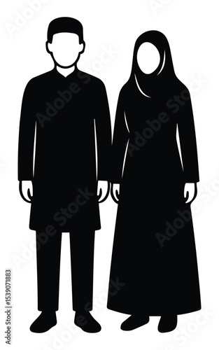 Silhouette of traditional Muslim couple in modest dress including hijab and kurta