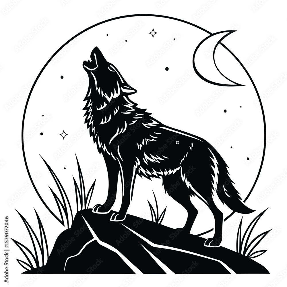 Obraz premium Silhouette of a Wolf Howling at the Moon amid Nature's Beauty Symbolic of Wilderness and Nocturnal Serenity