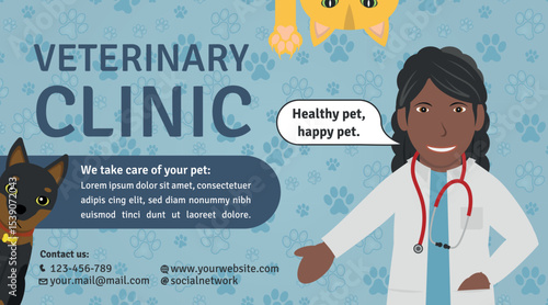 Veterinary Clinic Advertisement Template - Logotype, Illustrations of Black Woman Doctor, Doberman Dog, Orange Cat Head and Paw on Footprint Background.