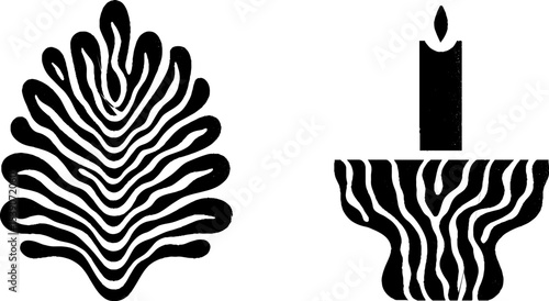 Minimalist black and white design featuring abstract leaf and candleholder